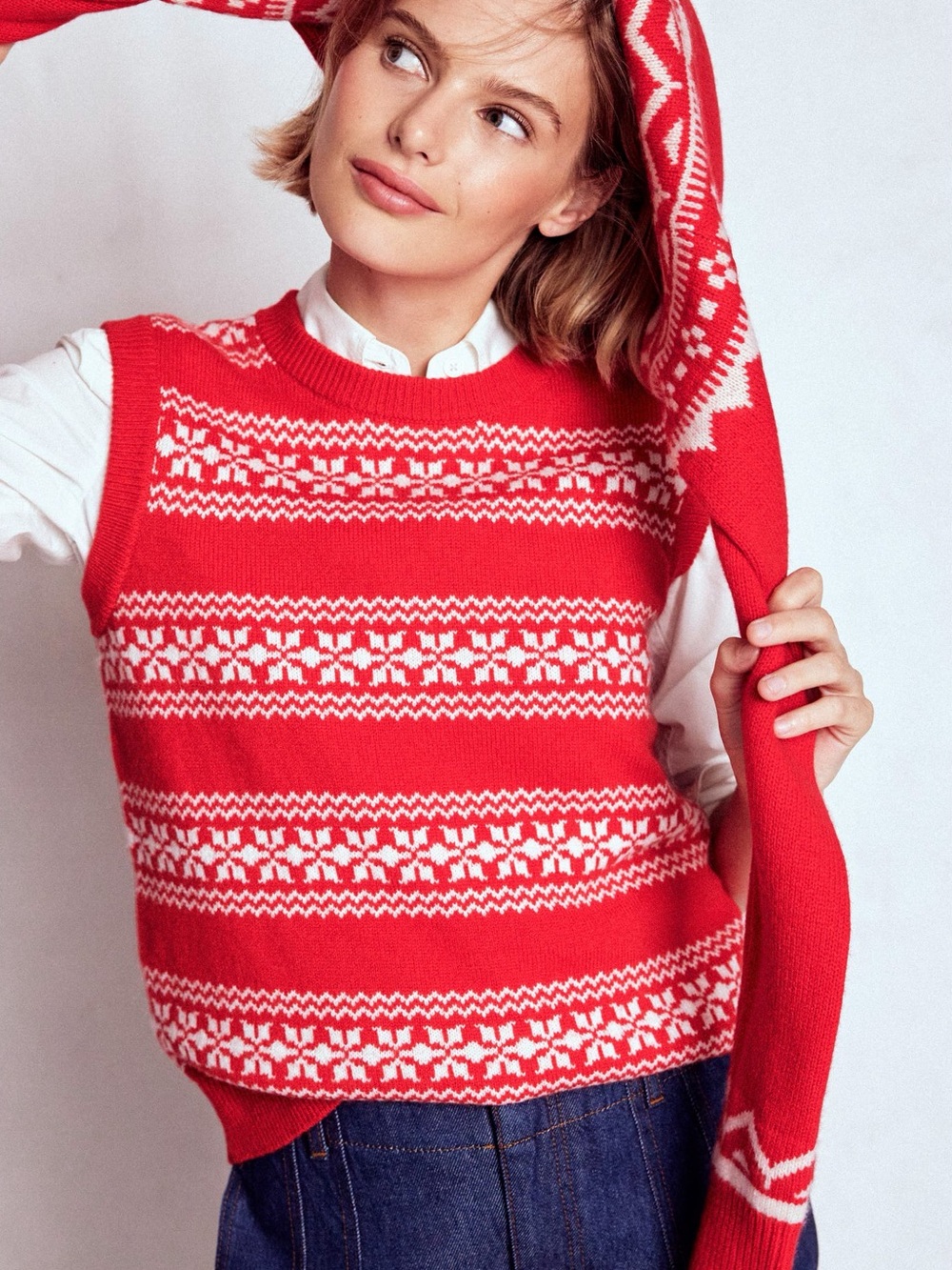 Boden Women Edie Fair Isle Sweater Vest S Red Wool Holiday Christmas Knit